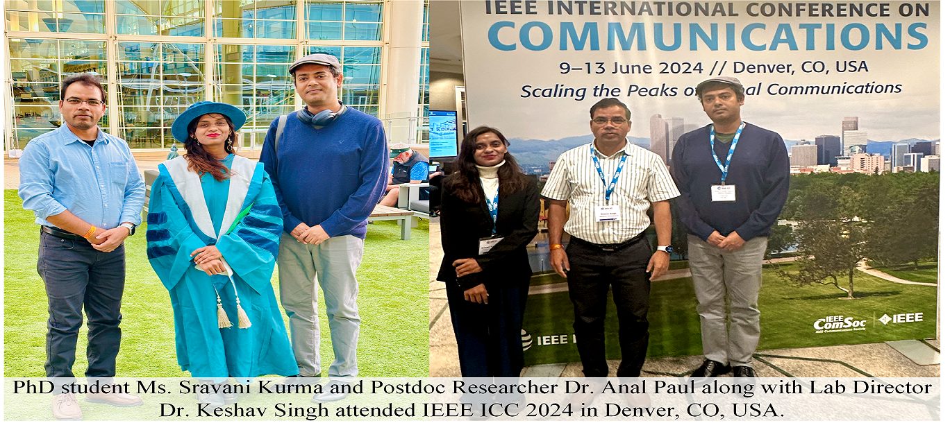 Two photos of lab members at IEEE ICC 2024 in Denver: a group of three outdoors, one in graduation regalia, and a group of three in front of the conference banner.