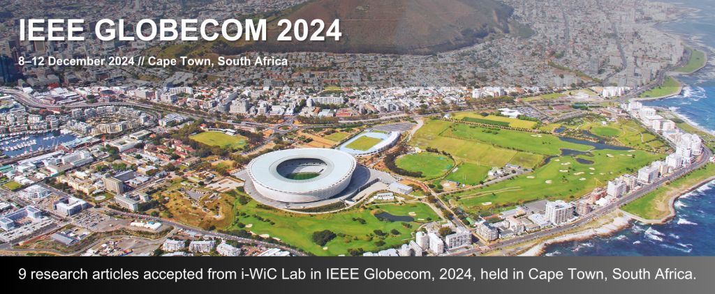 Aerial view of Cape Town with the text: IEEE GLOBECOM 2024, 8–12 December 2024, Cape Town, South Africa — 9 research articles accepted from i-WiC Lab.