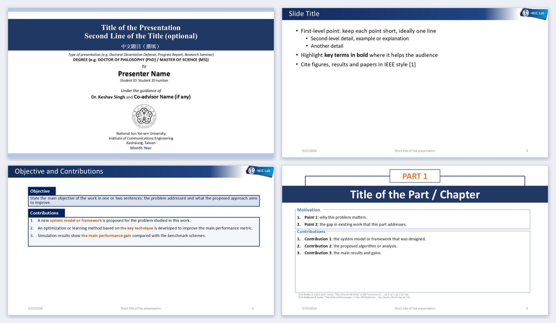 Four slides of the i-WiC Lab presentation template: the title slide with the NSYSU logo; a content slide with the blue header bar and the i-WiC Lab badge; the Objective and Contributions slide; and a PART divider with Motivation and Contributions boxes
