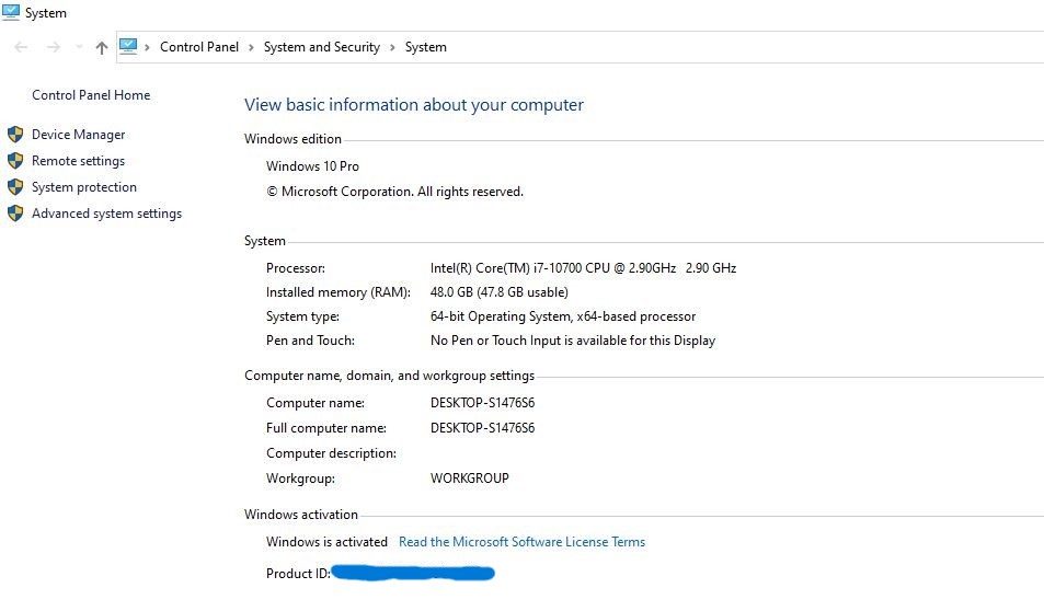 Screenshot of the system information of a lab workstation (Windows 10 Pro, Intel Core i7-10700 processor, 48 GB RAM)
